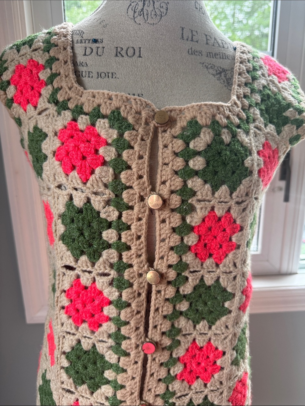 Vintage hand knit boho granny Square, long sweater vest, neon pink and green S/M - Picture 3 of 9